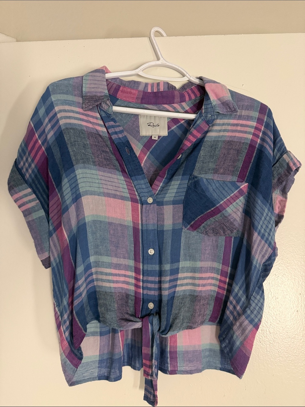 Rails Blue & Pink Plaid Tie-Front Button Shirt
